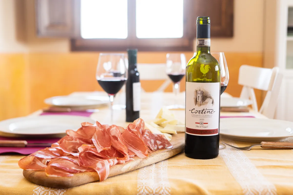 Table with wine and cured meats